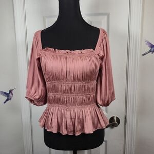 DO+BE Mauve Smocked Puff Sleeve Peplum Blouse | Romantic Valentine Top | Size S